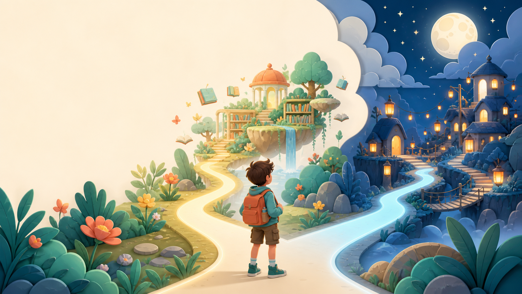An original young explorer choosing between two glowing paths inside a playful story world