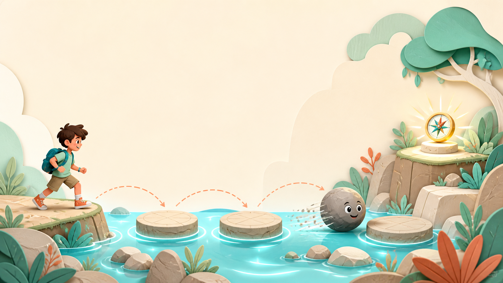 An original young adventurer crossing stepping stones toward a glowing treasure in a playful game world