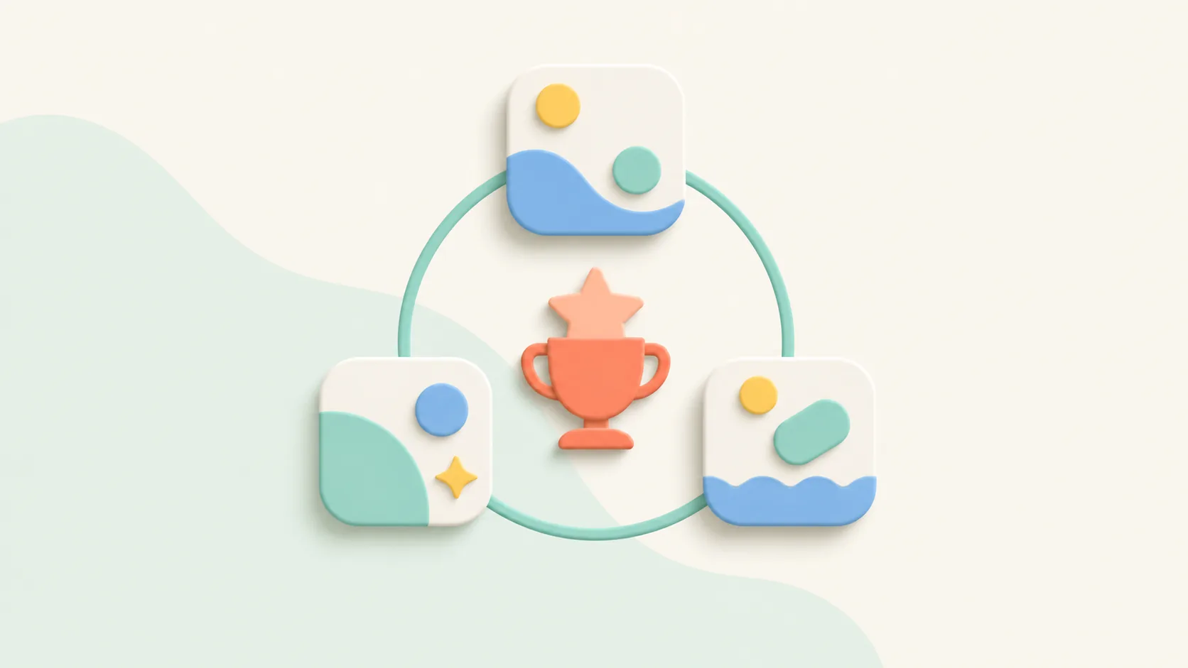 Three game tiles connected around a small showcase trophy