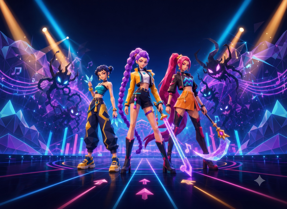 Three neon-lit heroes on a glowing rhythm-game stage — light-up arrows and music notes across the floor
