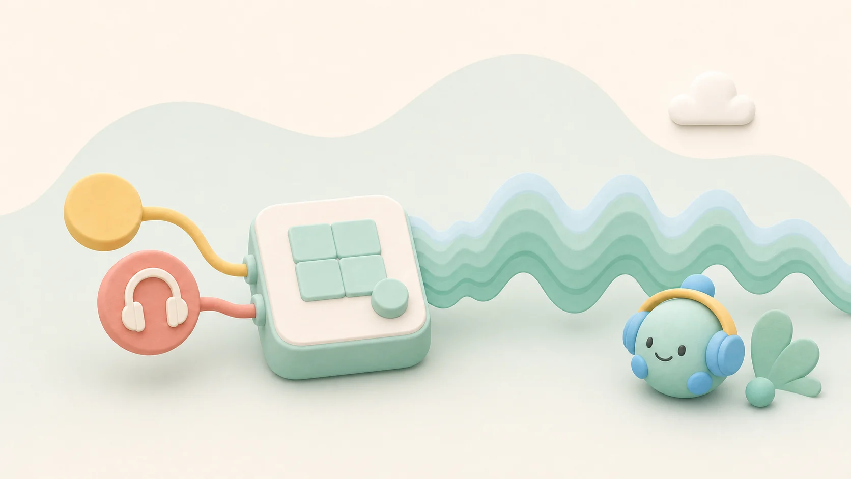 A friendly beat mascot listens as a small music studio turns an idea into a layered waveform