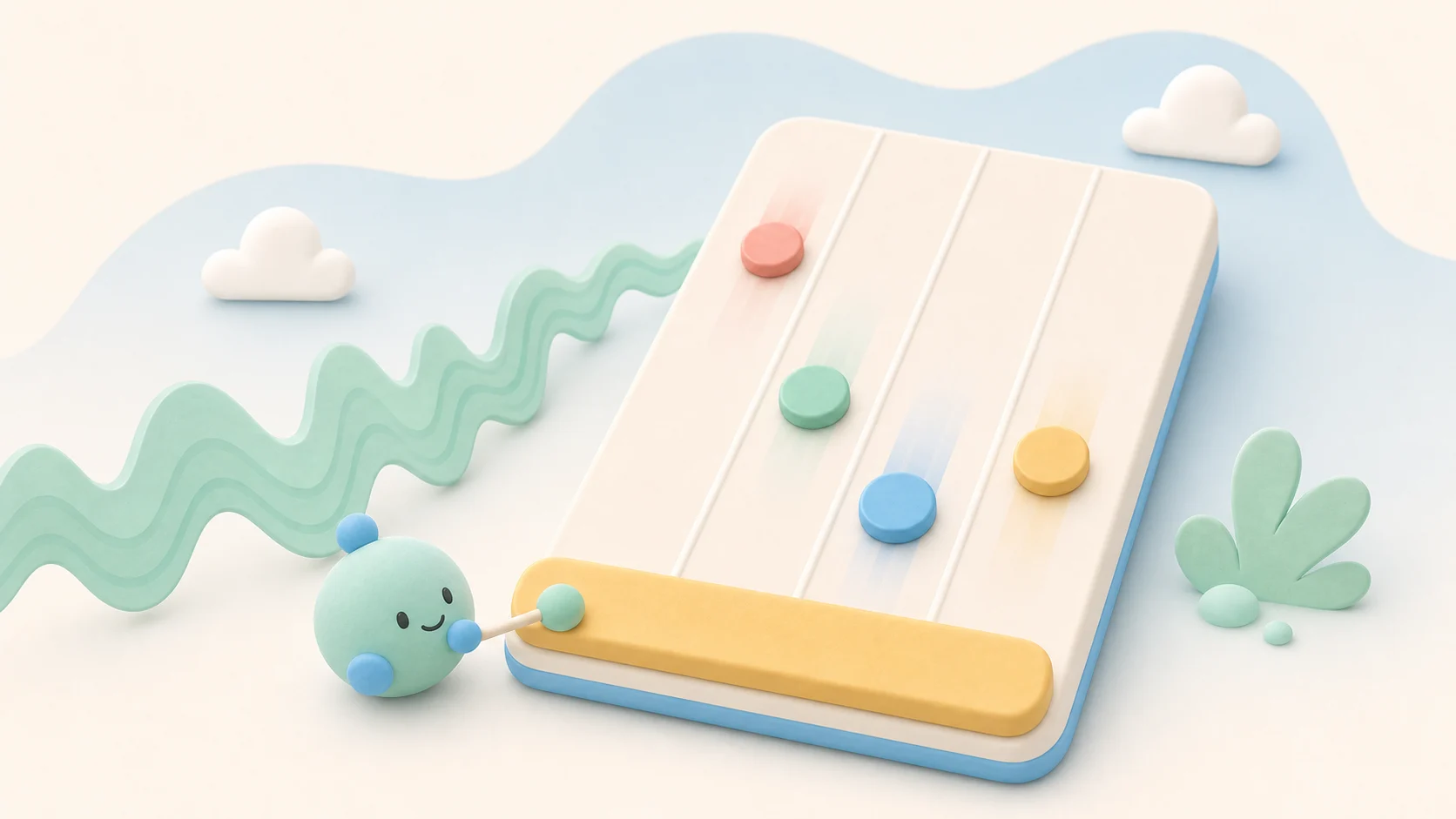 Four colourful beat tiles move down a rhythm track toward a golden hit bar