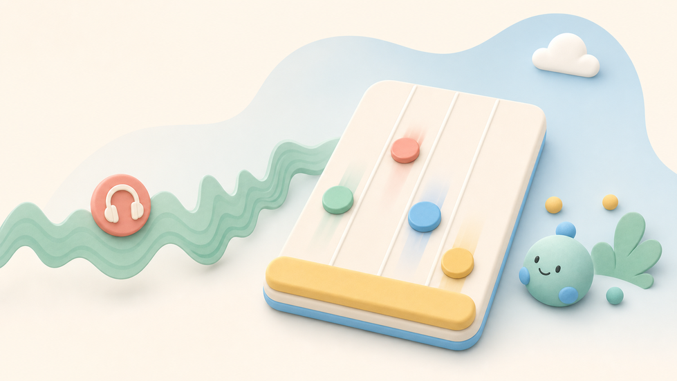 A mint song waveform flows into a colourful four-lane rhythm game beside a friendly beat mascot