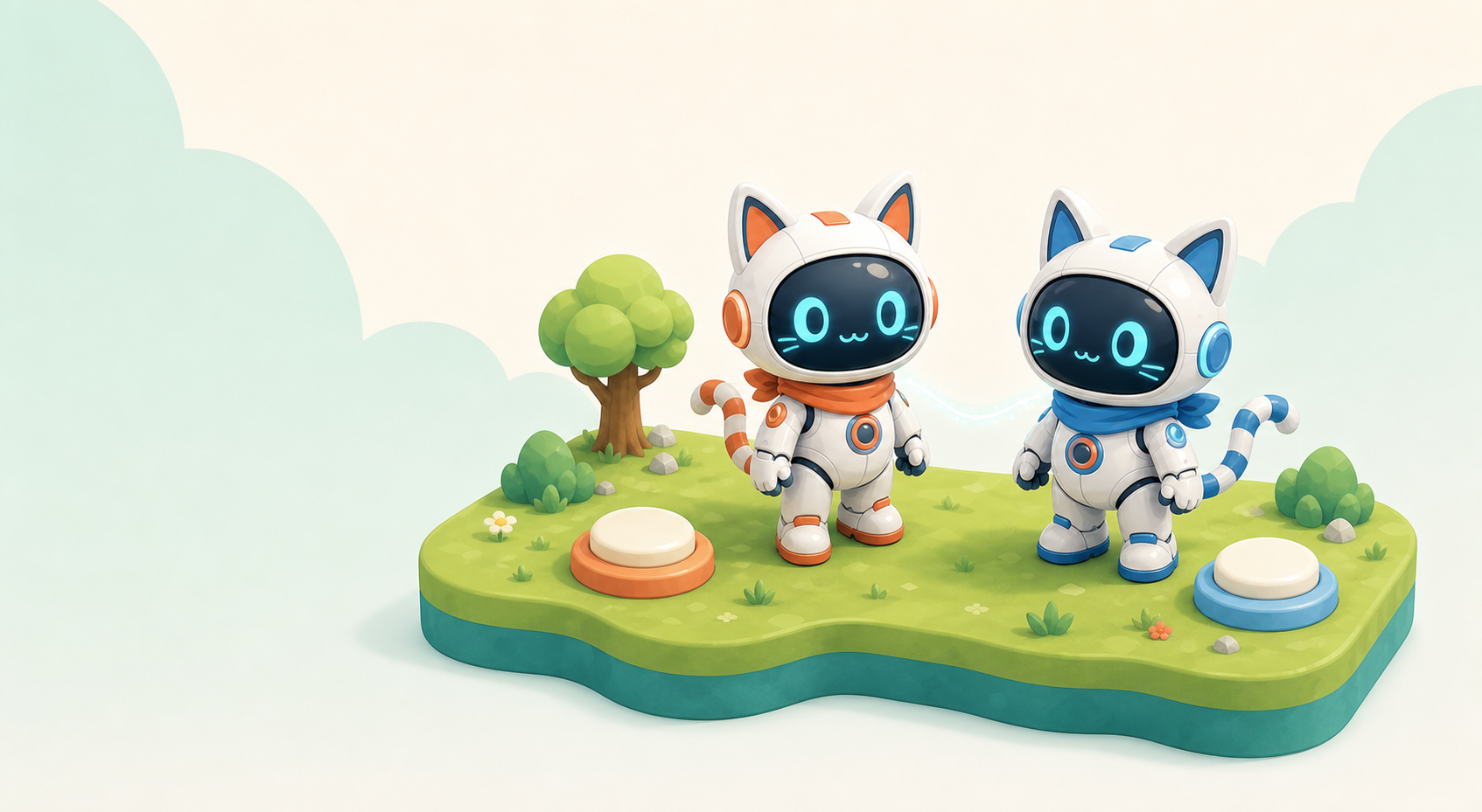 Two original robot-cat teammates join the same multiplayer world