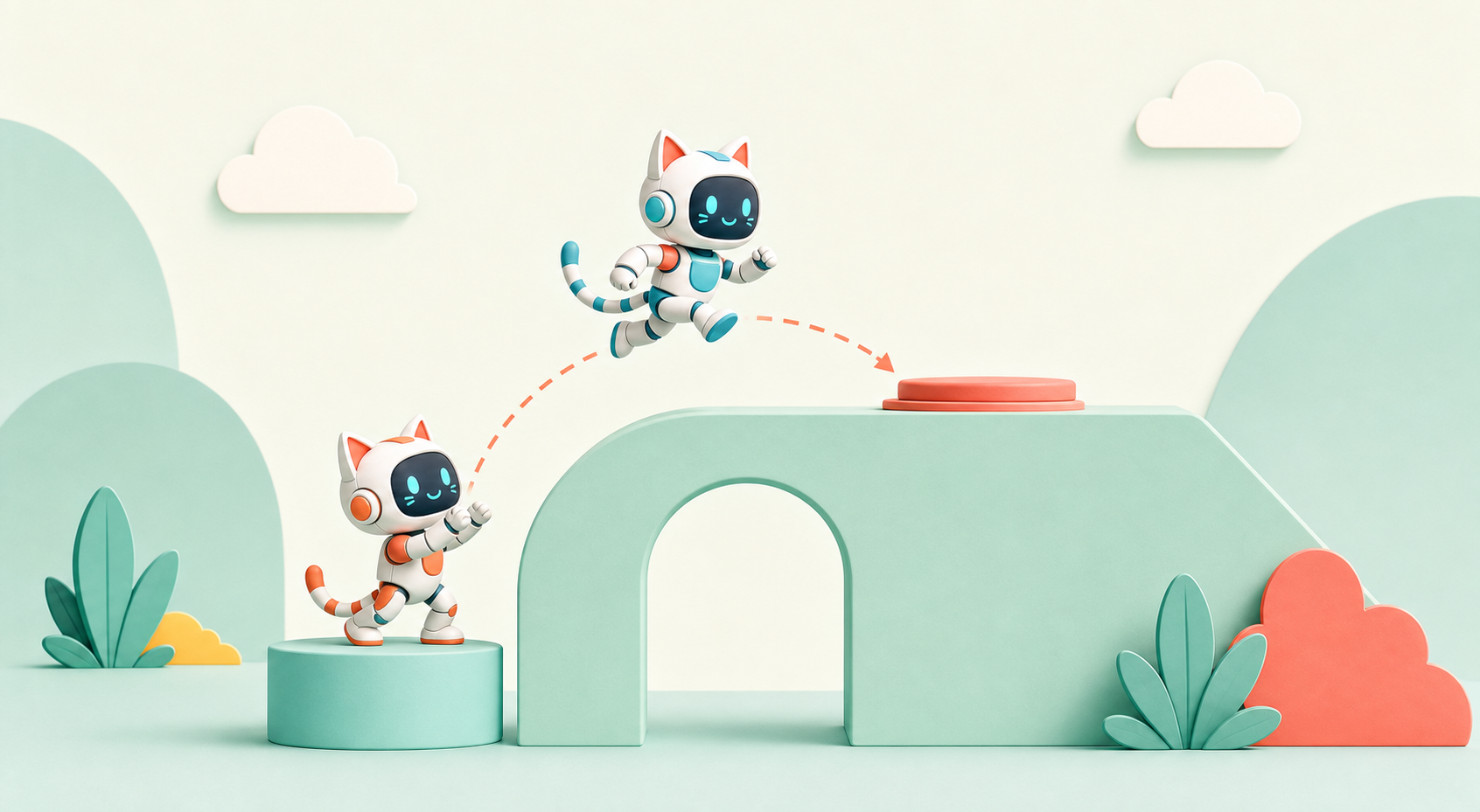 Two robot-cat teammates use a cooperative boost to reach a high switch