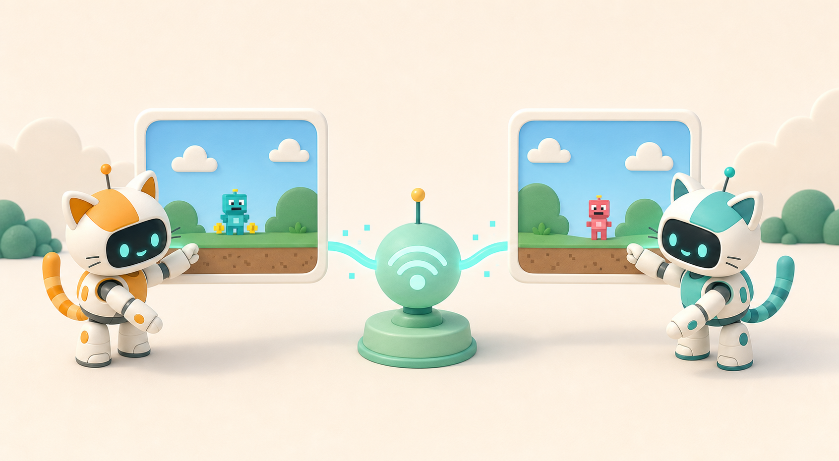 Two game windows connect through a central relay