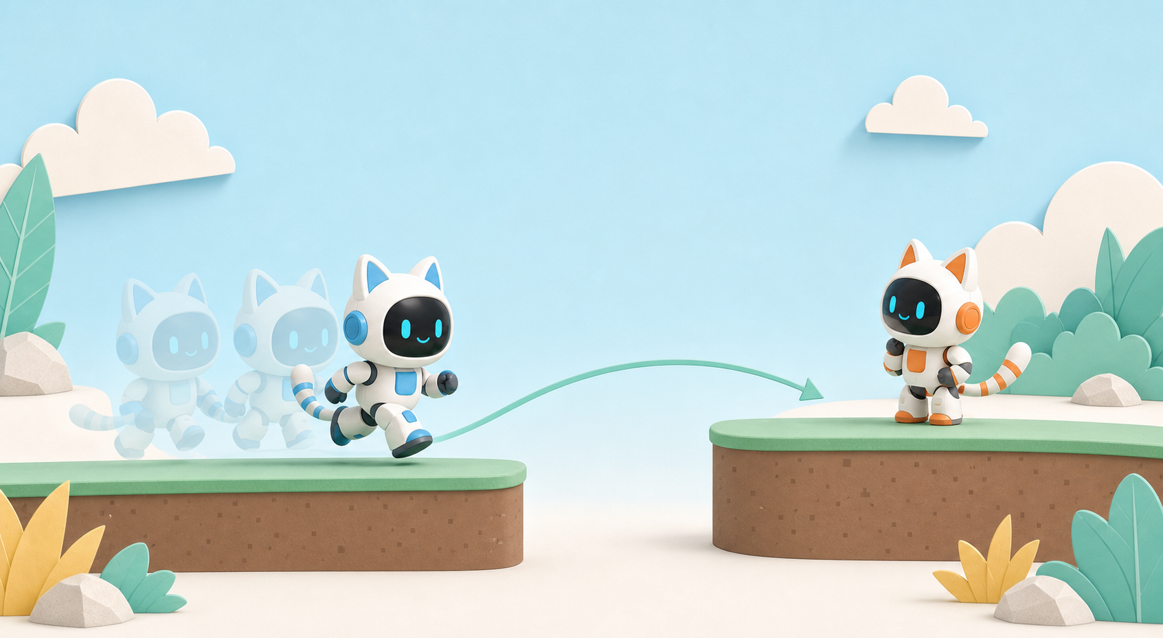 A robot-cat movement trail changes from stuttering positions to a smooth path