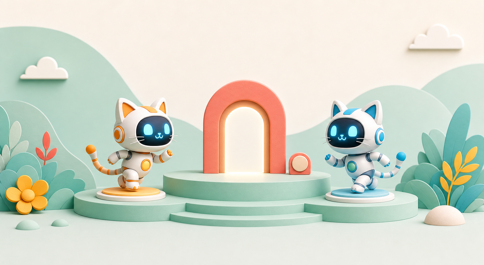 Two robot-cat teammates activate matching pads to open a shared doorway