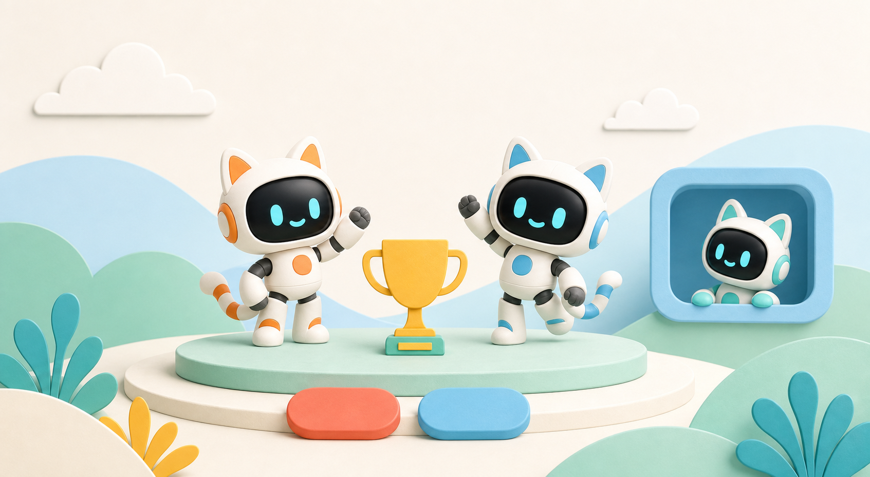 Two robot-cat players celebrate a match while a family spectator watches
