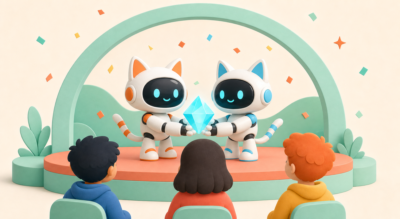 Two robot-cat teammates present their finished game crystal to a small audience