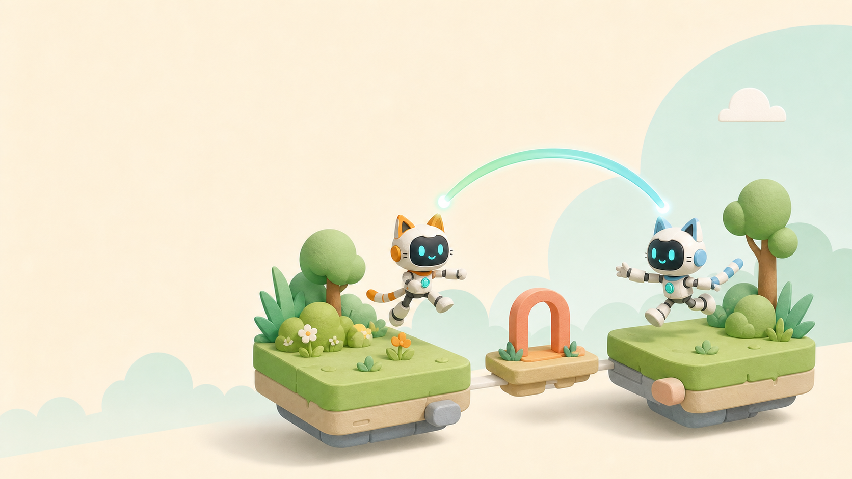 Two original robot-cat teammates connected across floating platform-world tiles