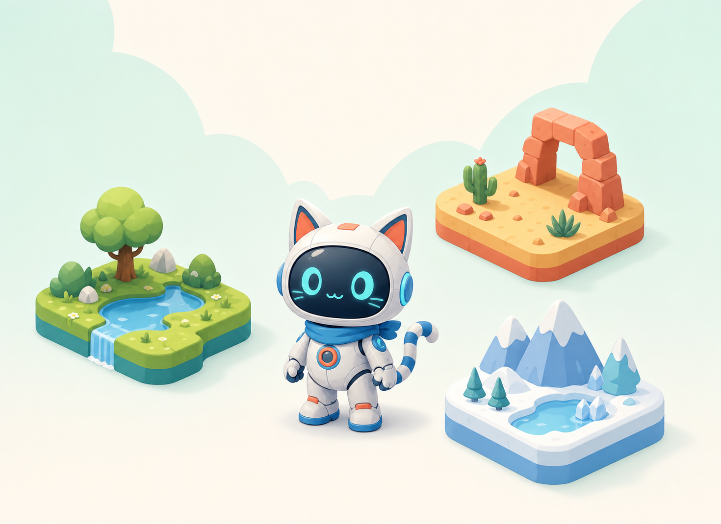 Original robot-cat hero concept art and three world choices
