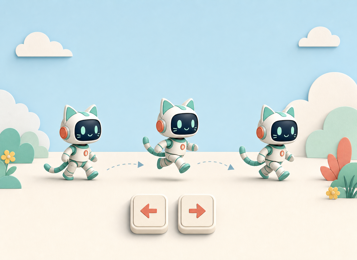 Original robot-cat hero moving through animation frames and following a jump arc over a gap