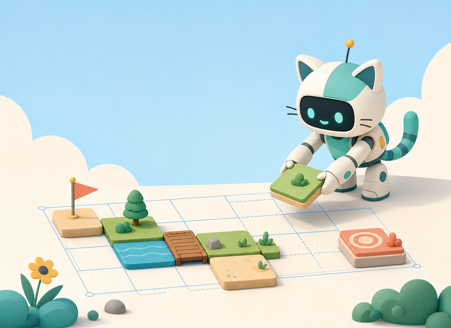 Original robot-cat hero arranging game tiles on a level grid