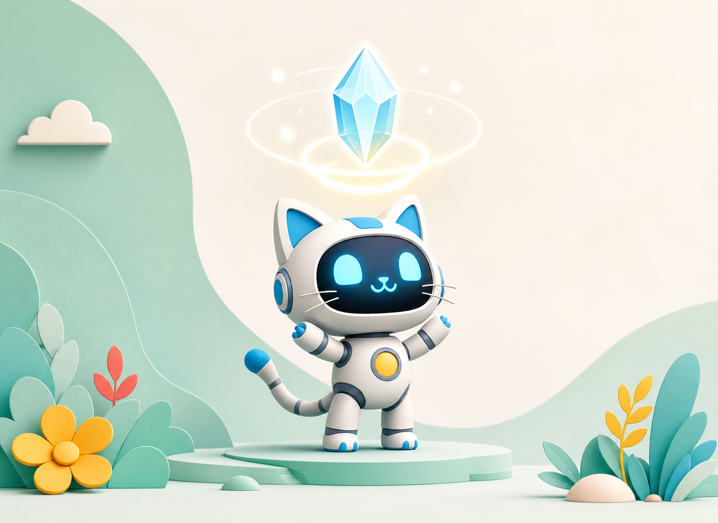 Original robot-cat hero receiving a glowing crystal power-up