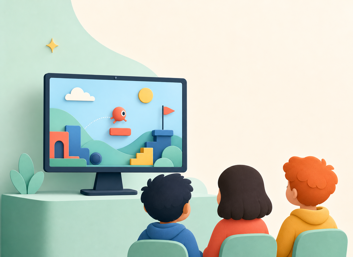 A finished game shown on a monitor for a small demo-day audience