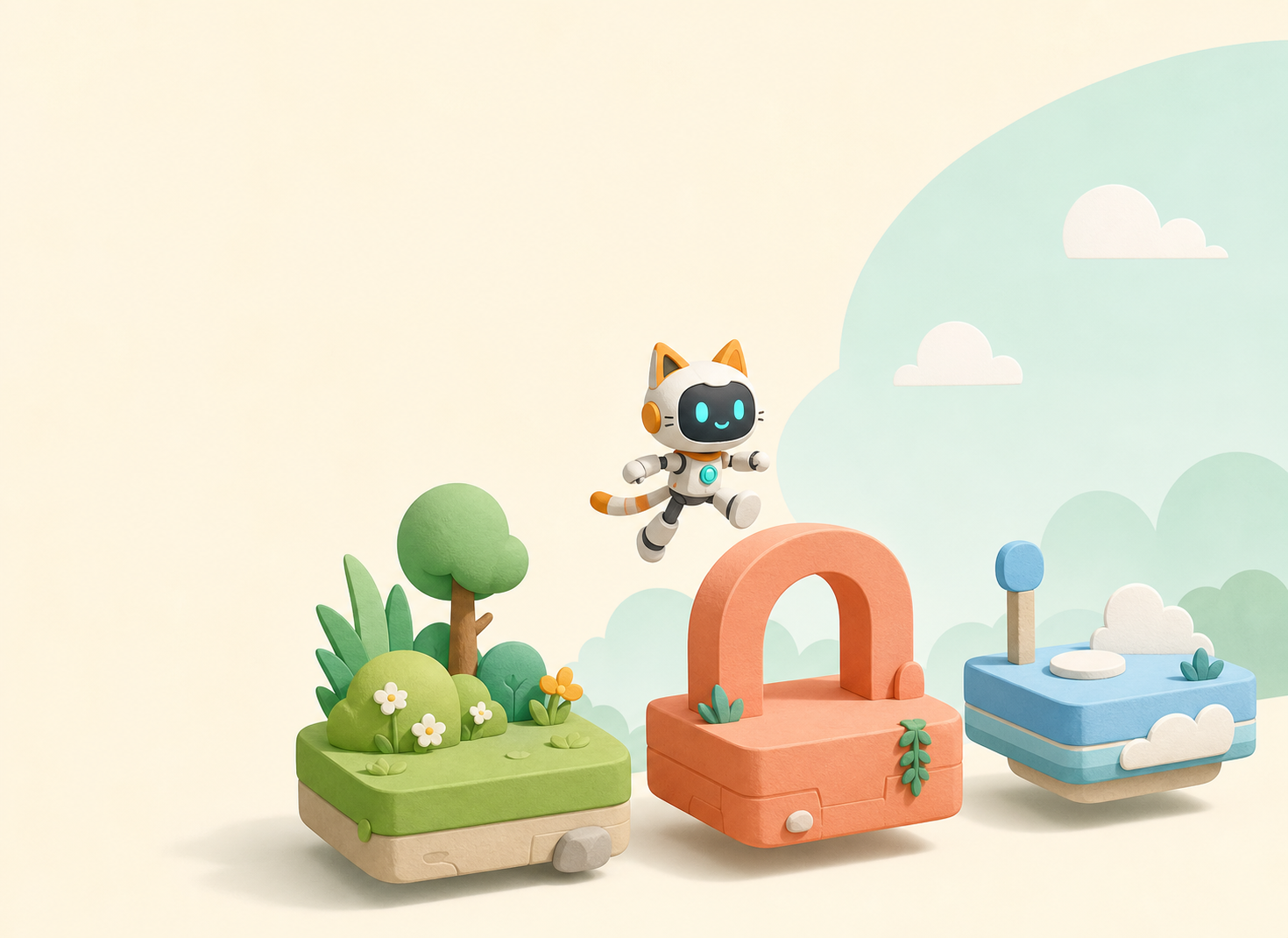 Original robot-cat hero crossing three simple platform-world tiles