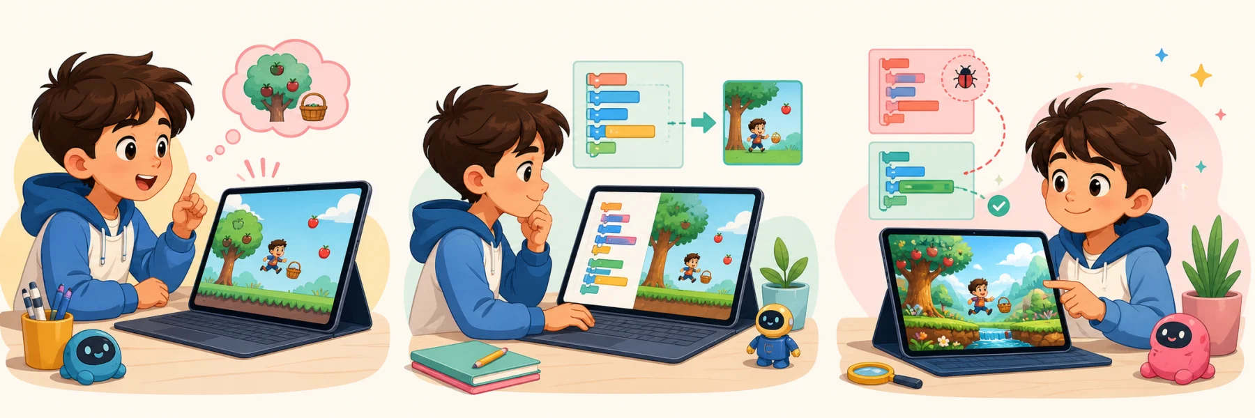 Illustration of a child trying a block, observing the result and improving the creation