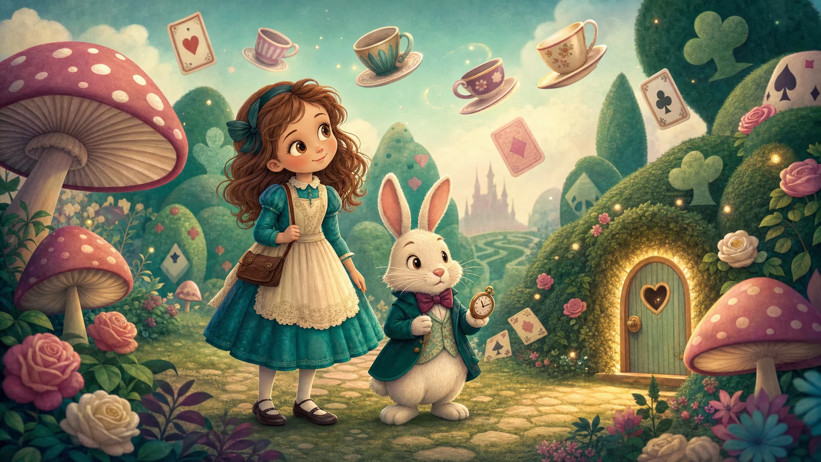 Alice and the White Rabbit discovering a tiny glowing door in Wonderland