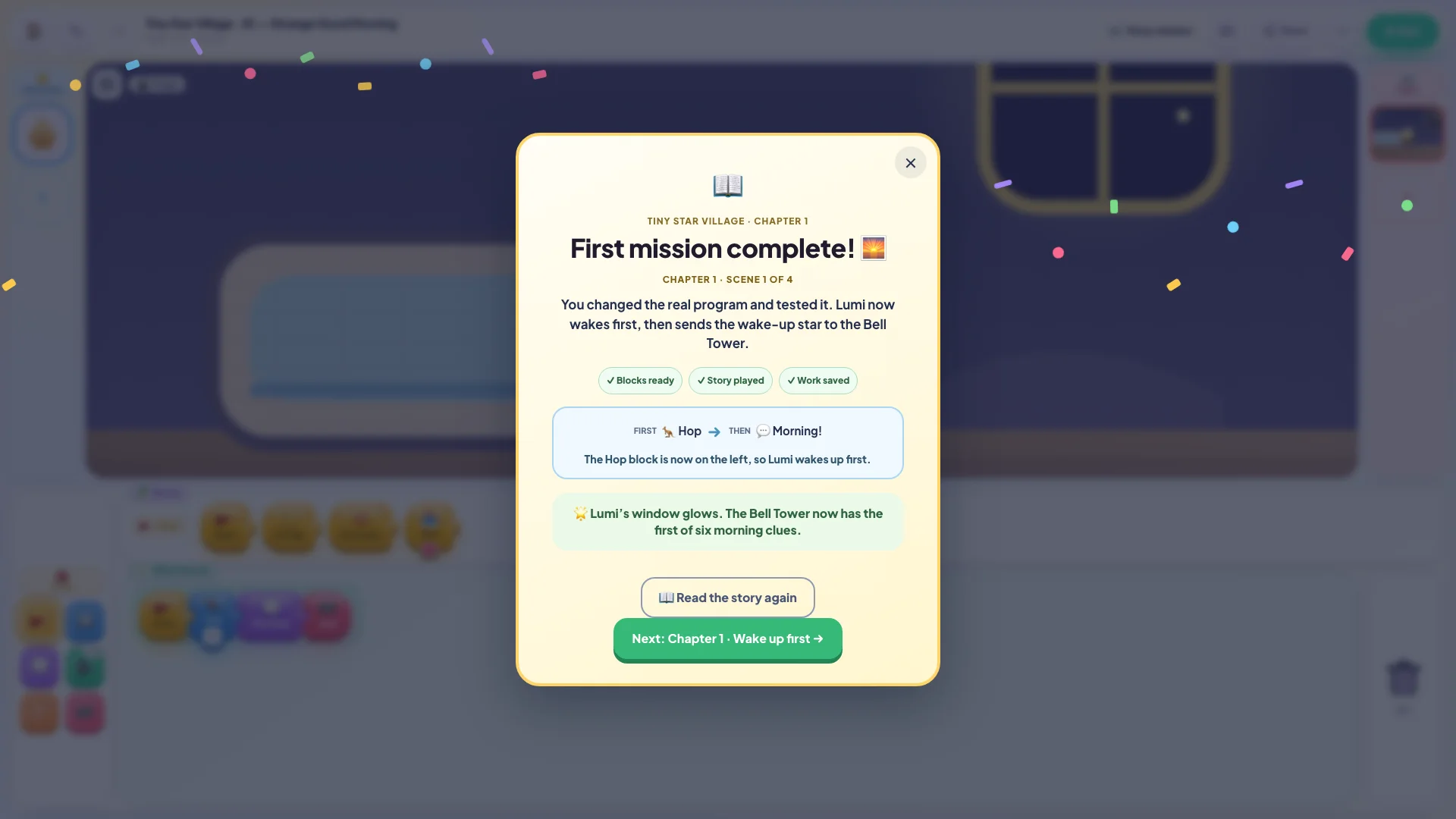 Tiny Star Village mission completed with confetti