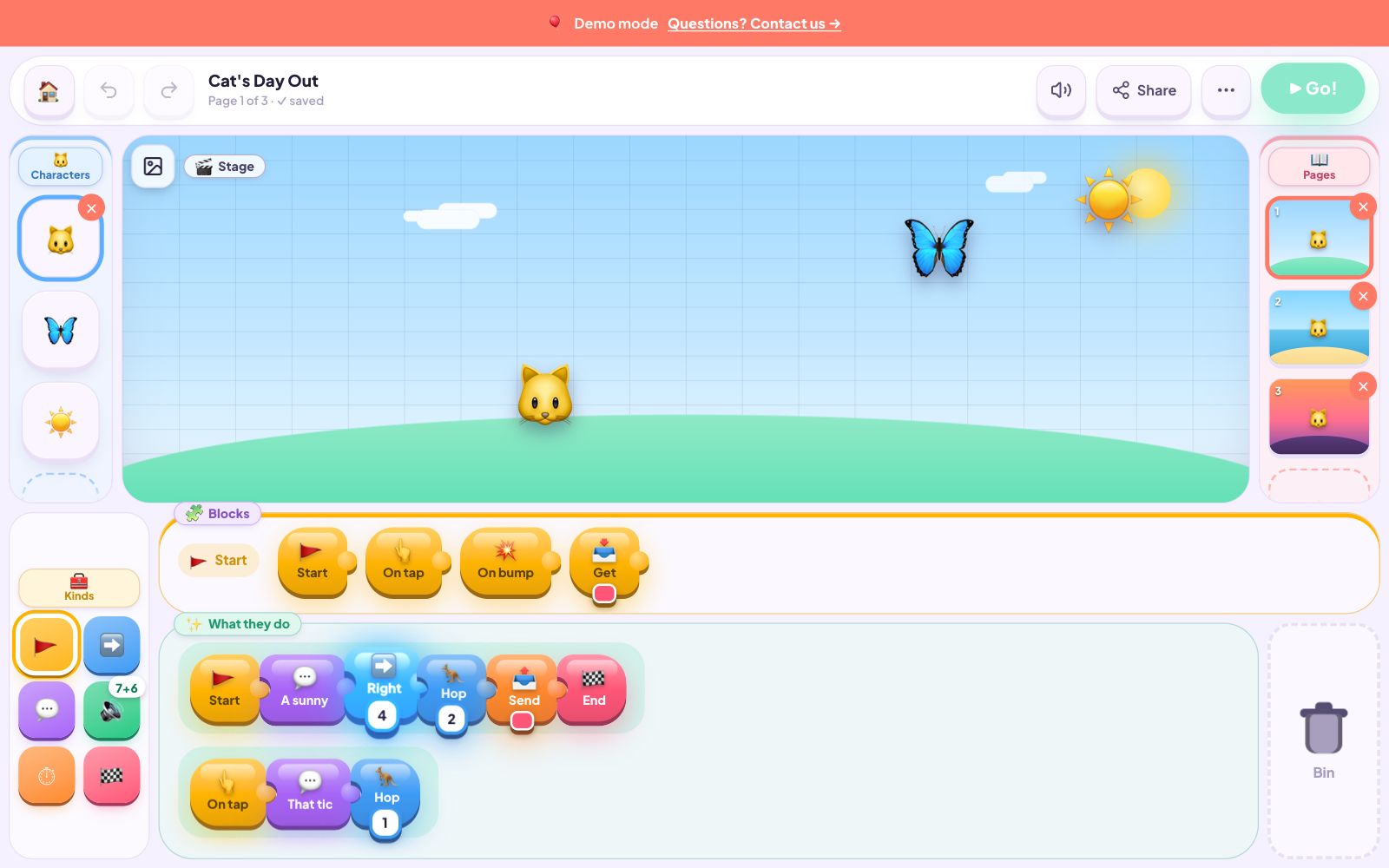 Story Blocks demo showing a cat and butterfly acting in a colourful meadow