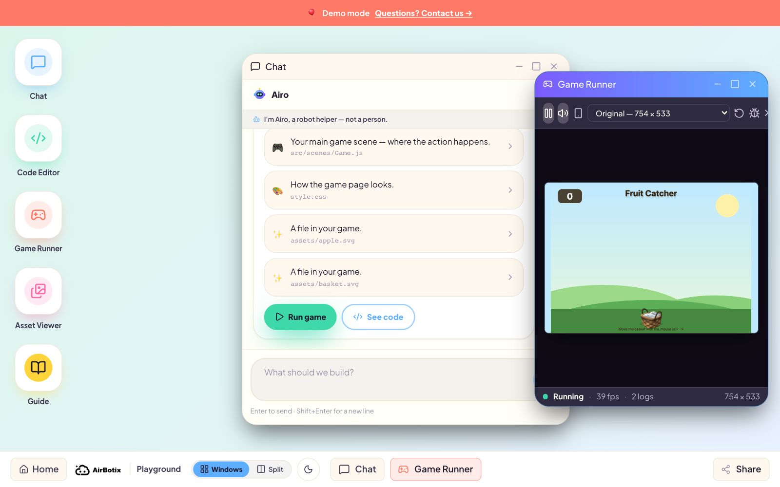 Creative Code Studio demo with the editor, AI coach and a running game